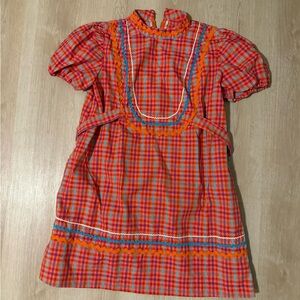 Vintage Orange Plaid Ruffle Bib Dress